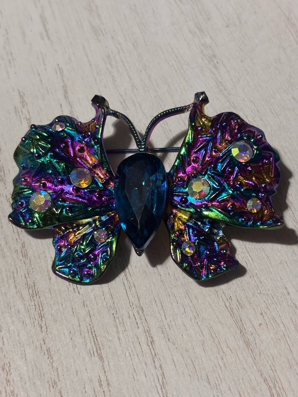 Iridescent Butterfly Brooch Pin Rainbow Metallic Blue Crystal Accent New